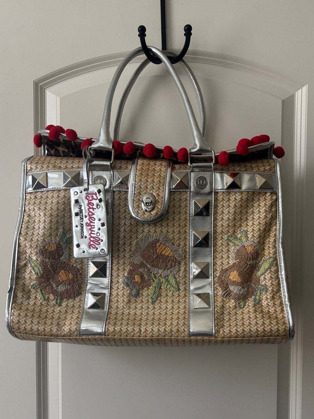 Betsey Johnson faux Straw Satchel with Silver Trim and Red Pom-Pom Detail